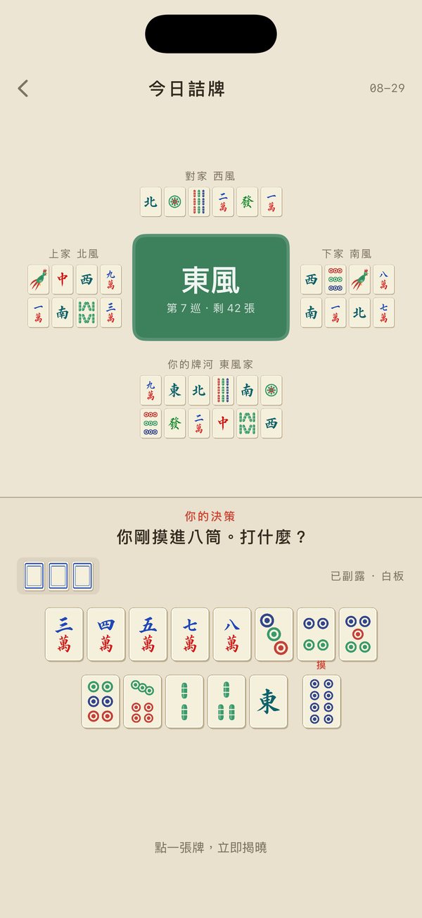 今日詰牌：你剛摸進八筒，打什麼？